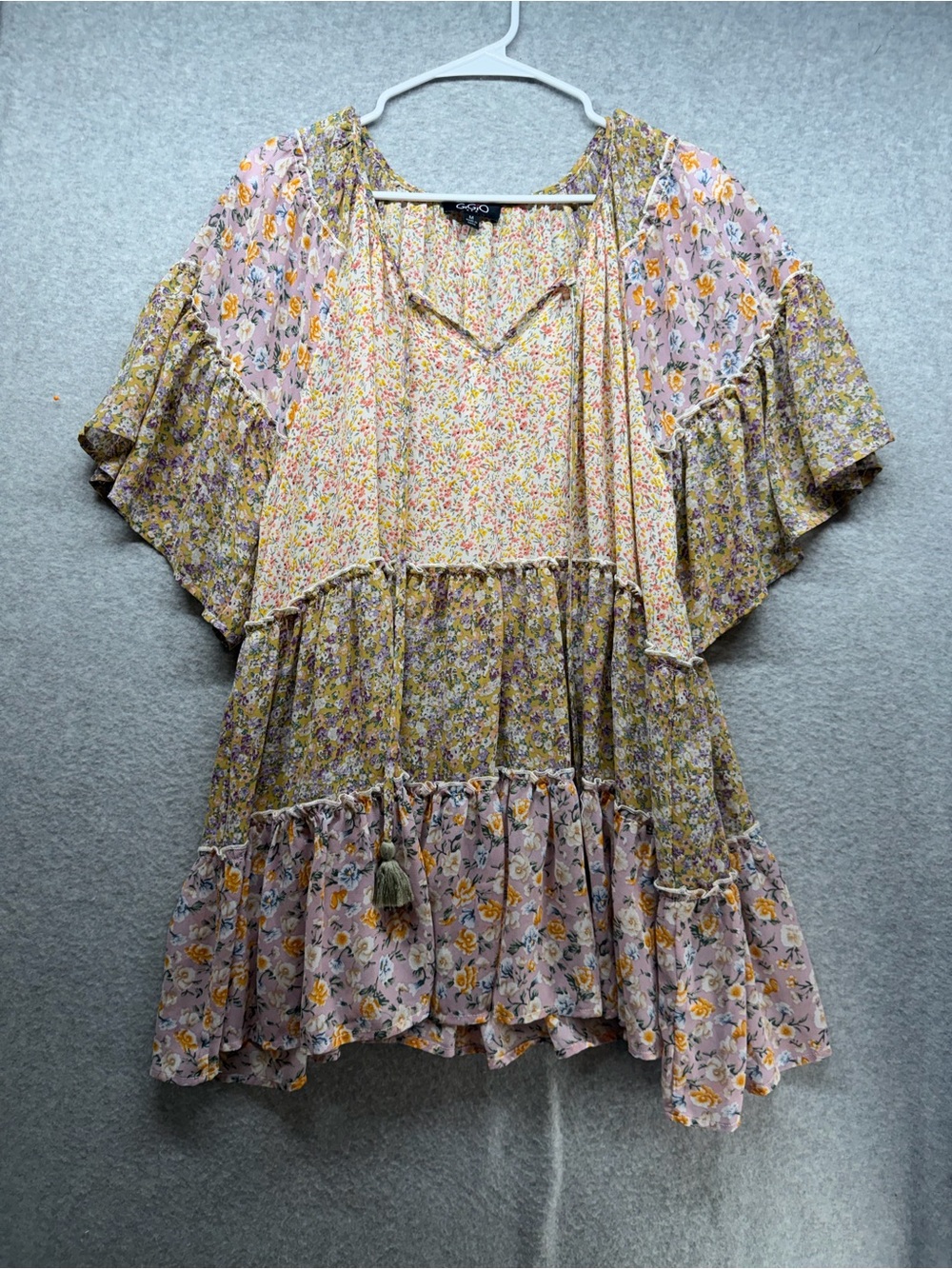 Floral Tiered Peasant Blouse - Pink & Yellow